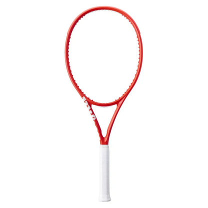 Red tennis racket with white handle on a white background