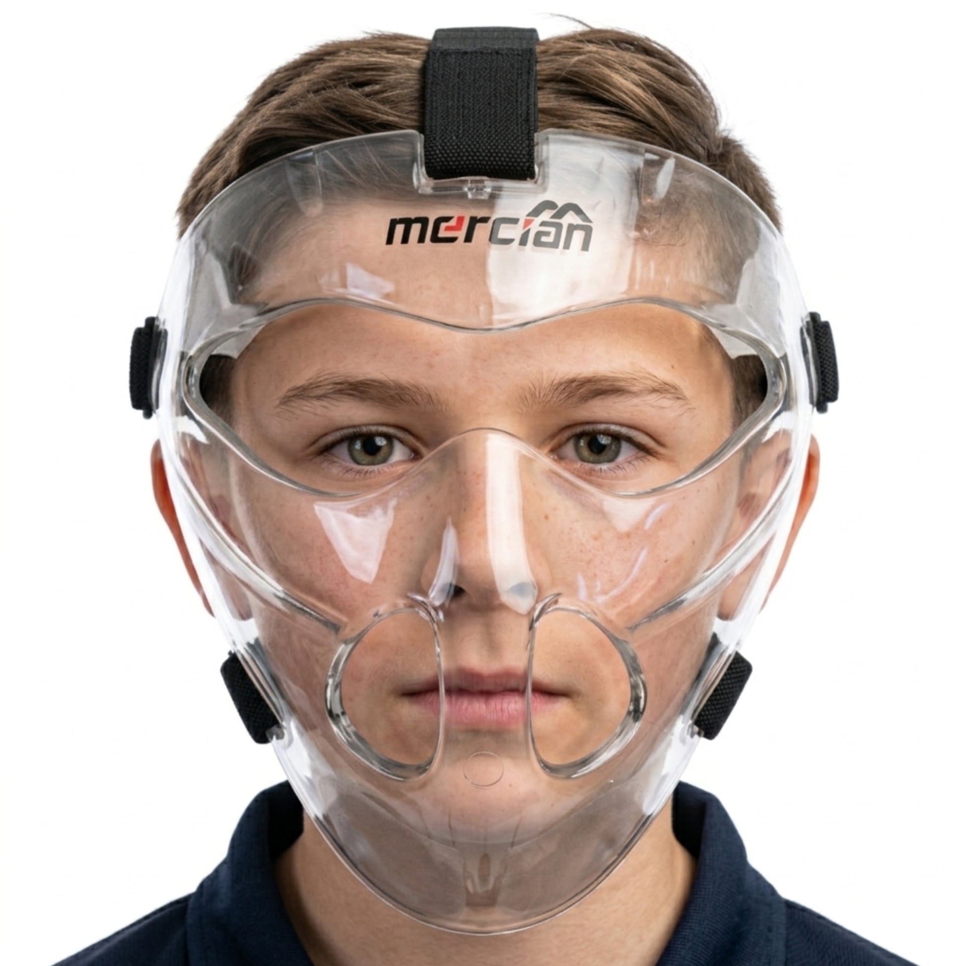 Person wearing a clear face mask with 'mercian' branding on a white background