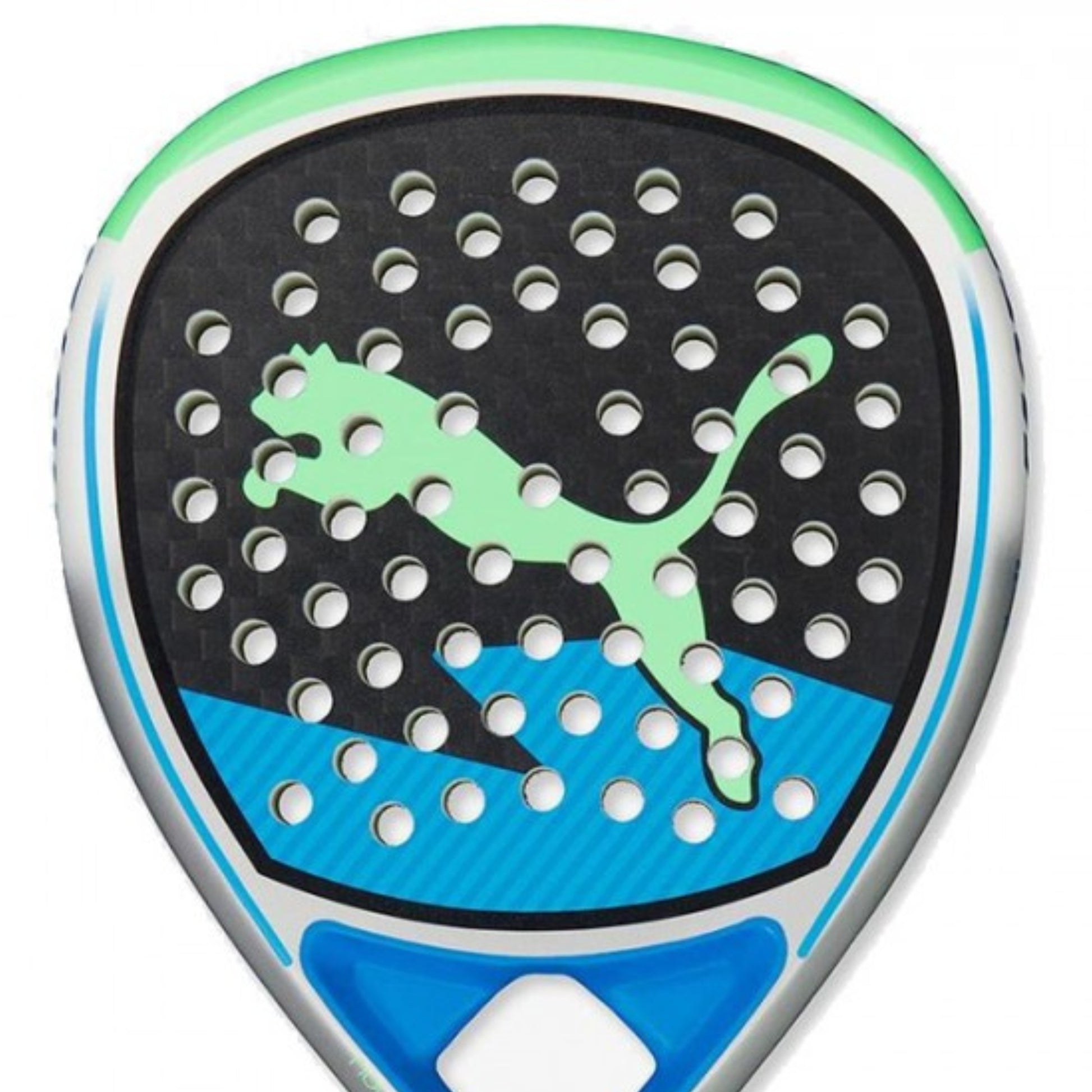 Puma padel racket with a green logo on a white background