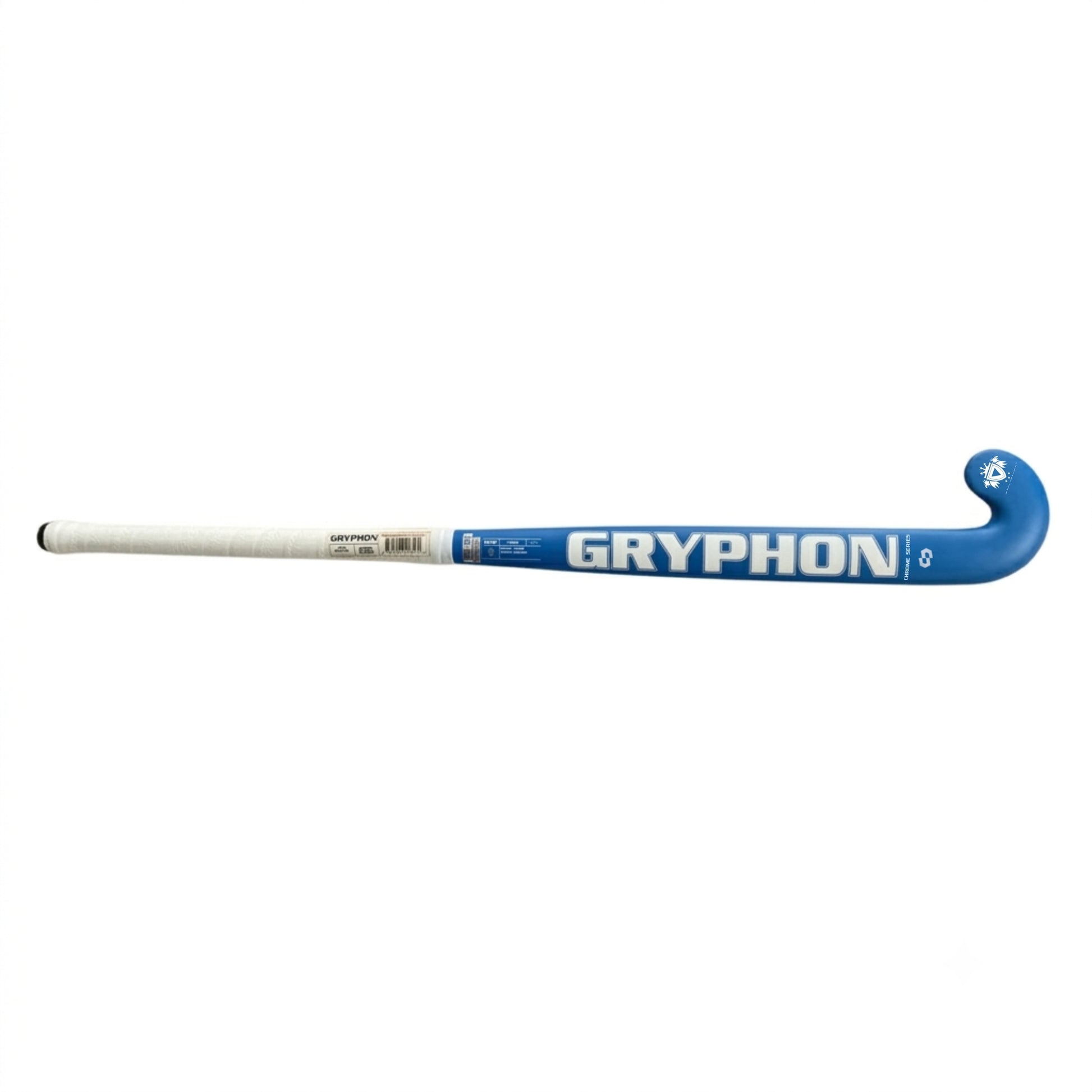 A blue and white Gryphon brand field hockey stick shown horizontally against a plain white background.