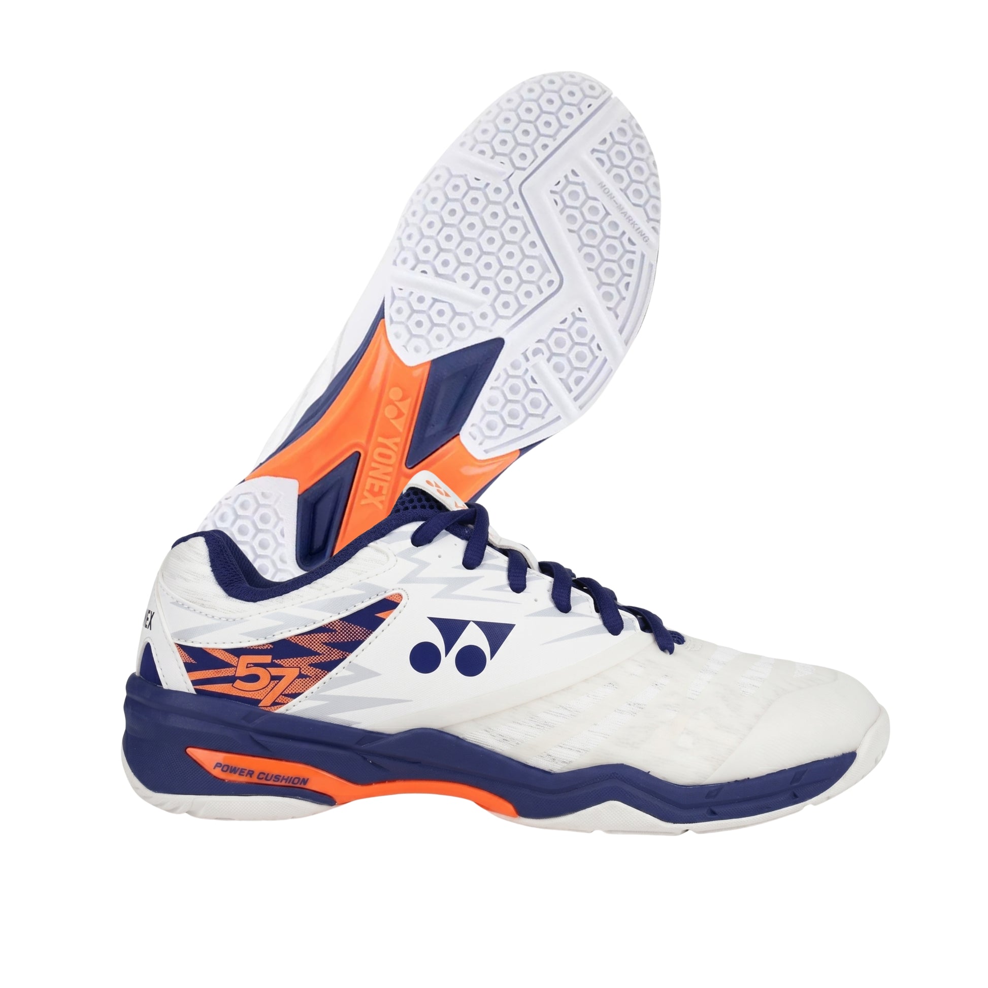 White Yonex squash with orange and blue accents on a white background