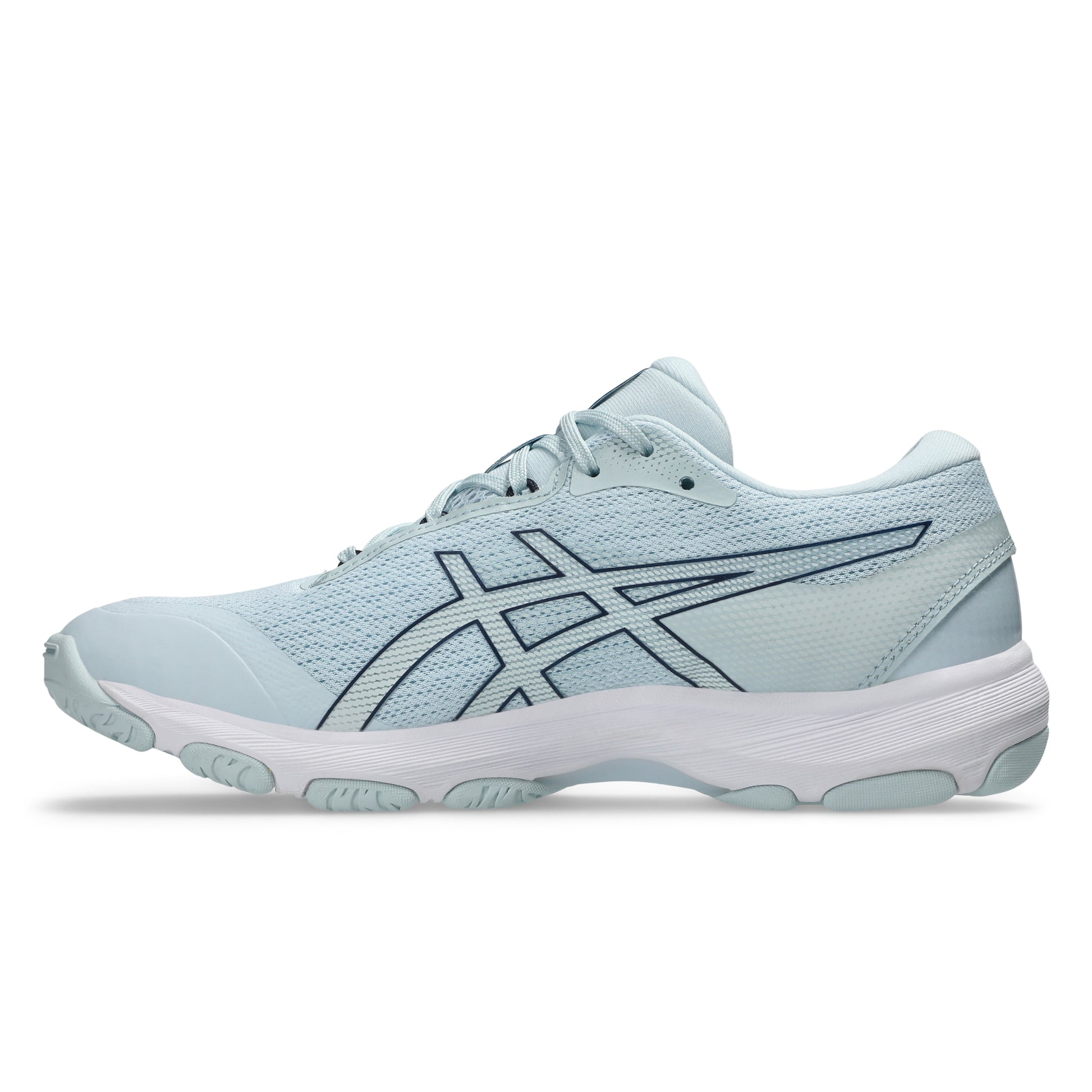 Light blue netball shoe with brand logo on a white background