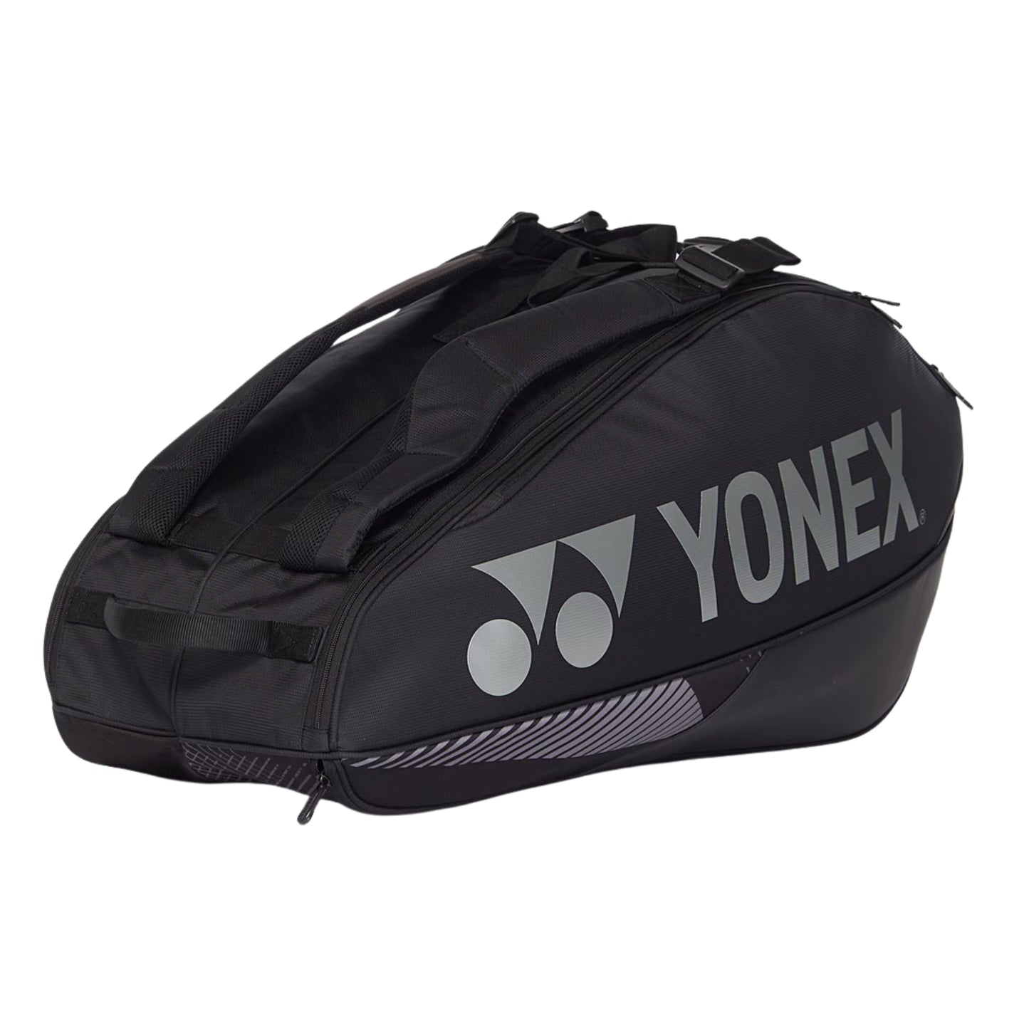 Black Yonex tennis bag on a white background