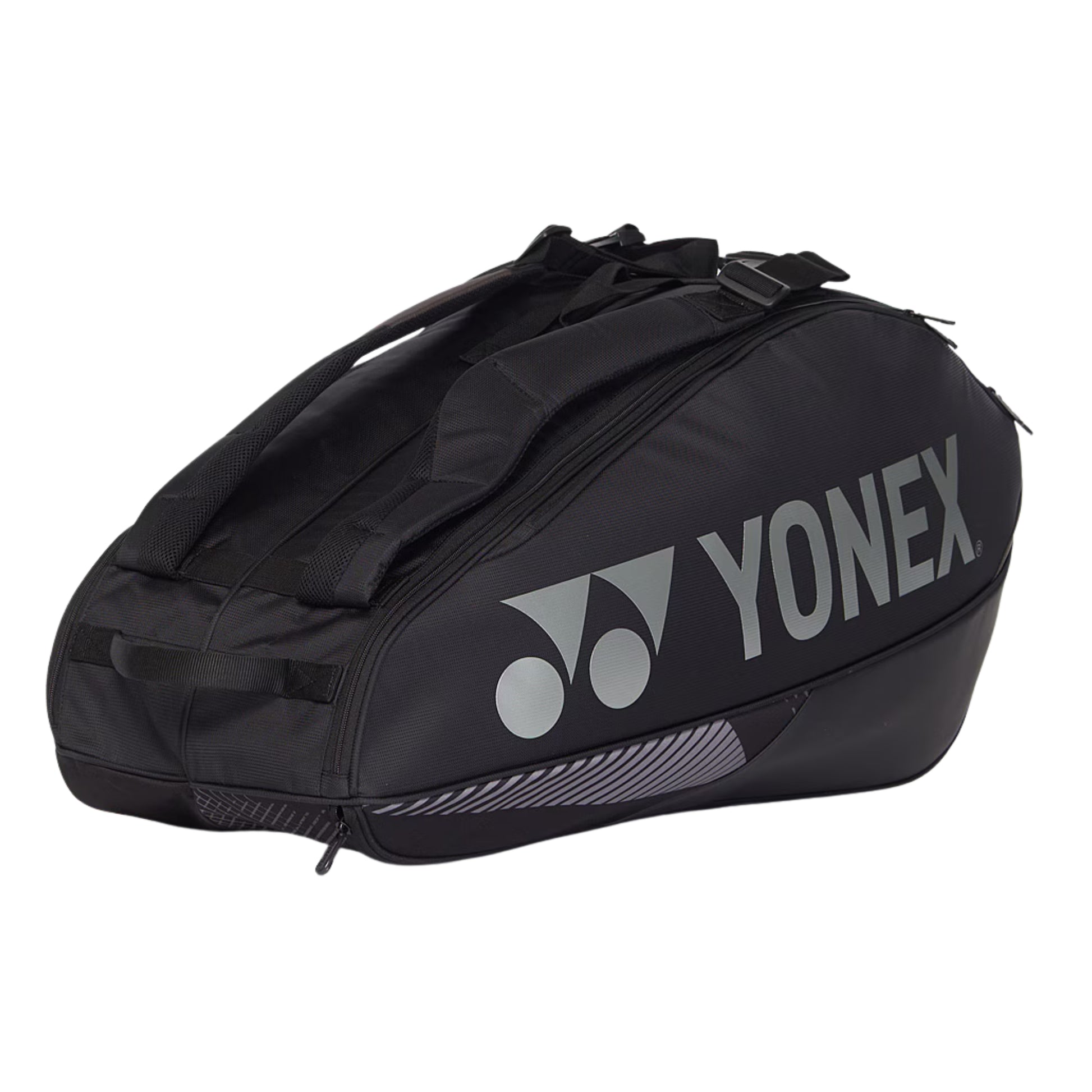 Black Yonex tennis bag on a white background