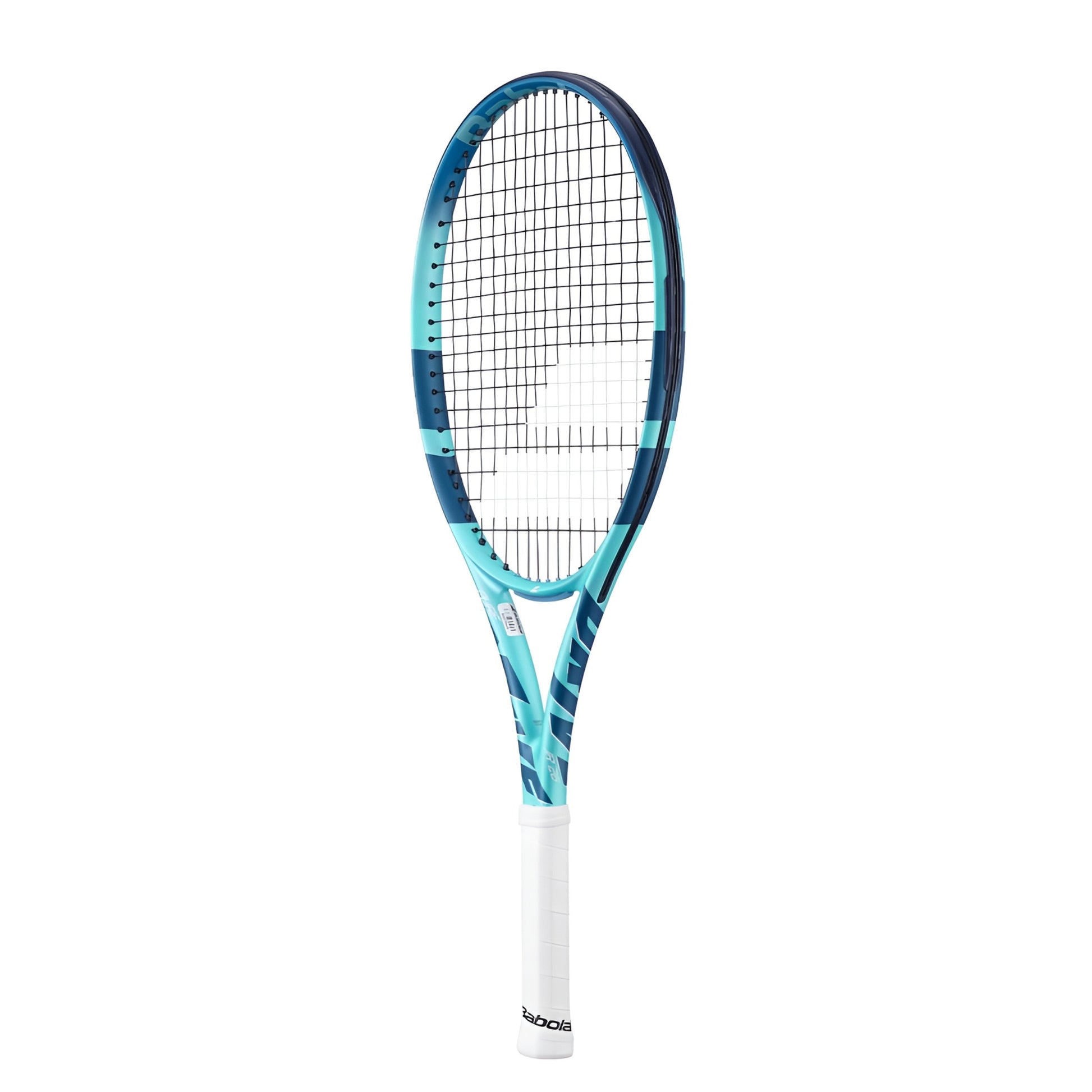 Babolat tennis racket with blue and white design on a white background