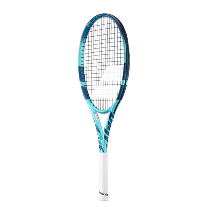 Babolat tennis racket with blue and white design on a white background