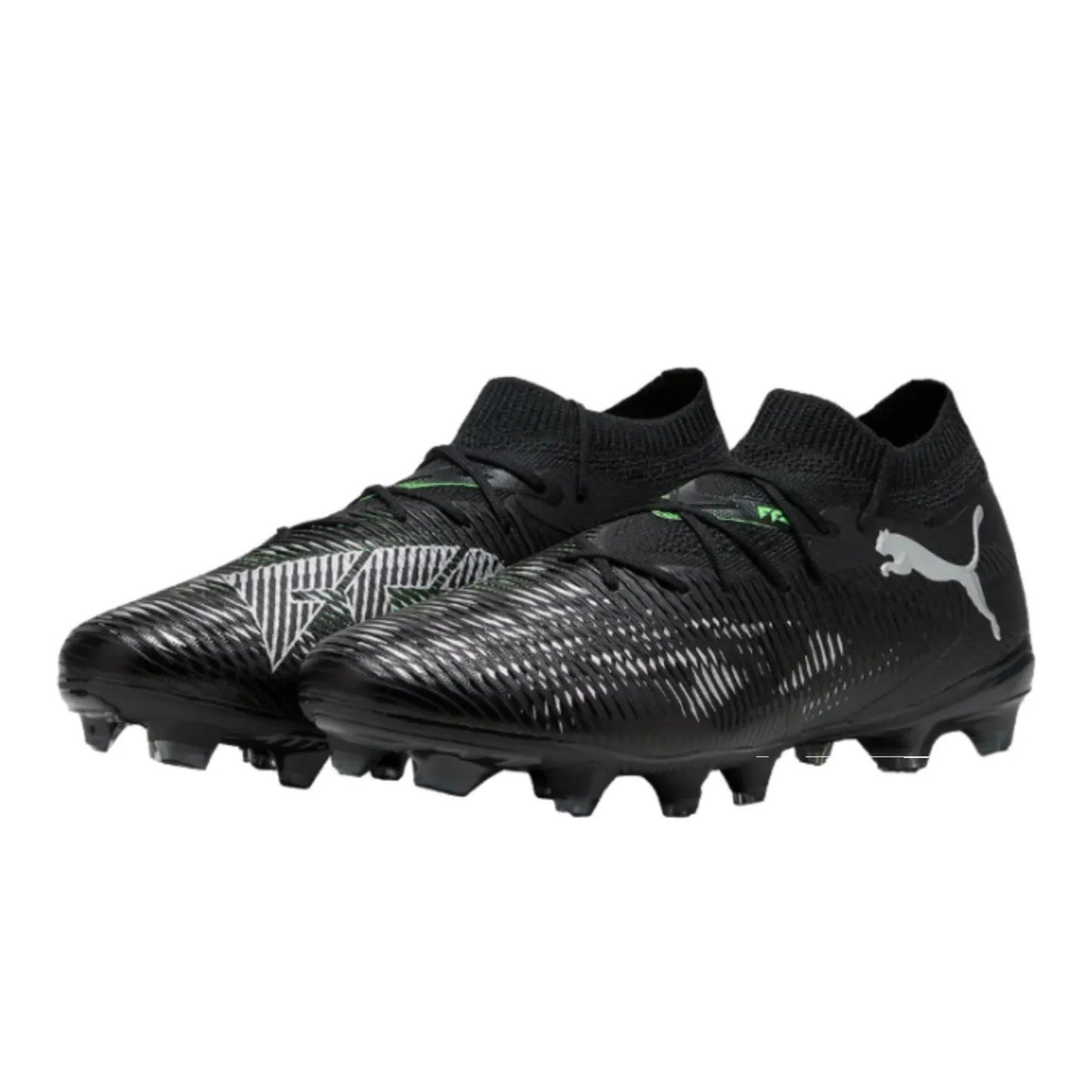 Black soccer Puma boots with Puma logo on a white background