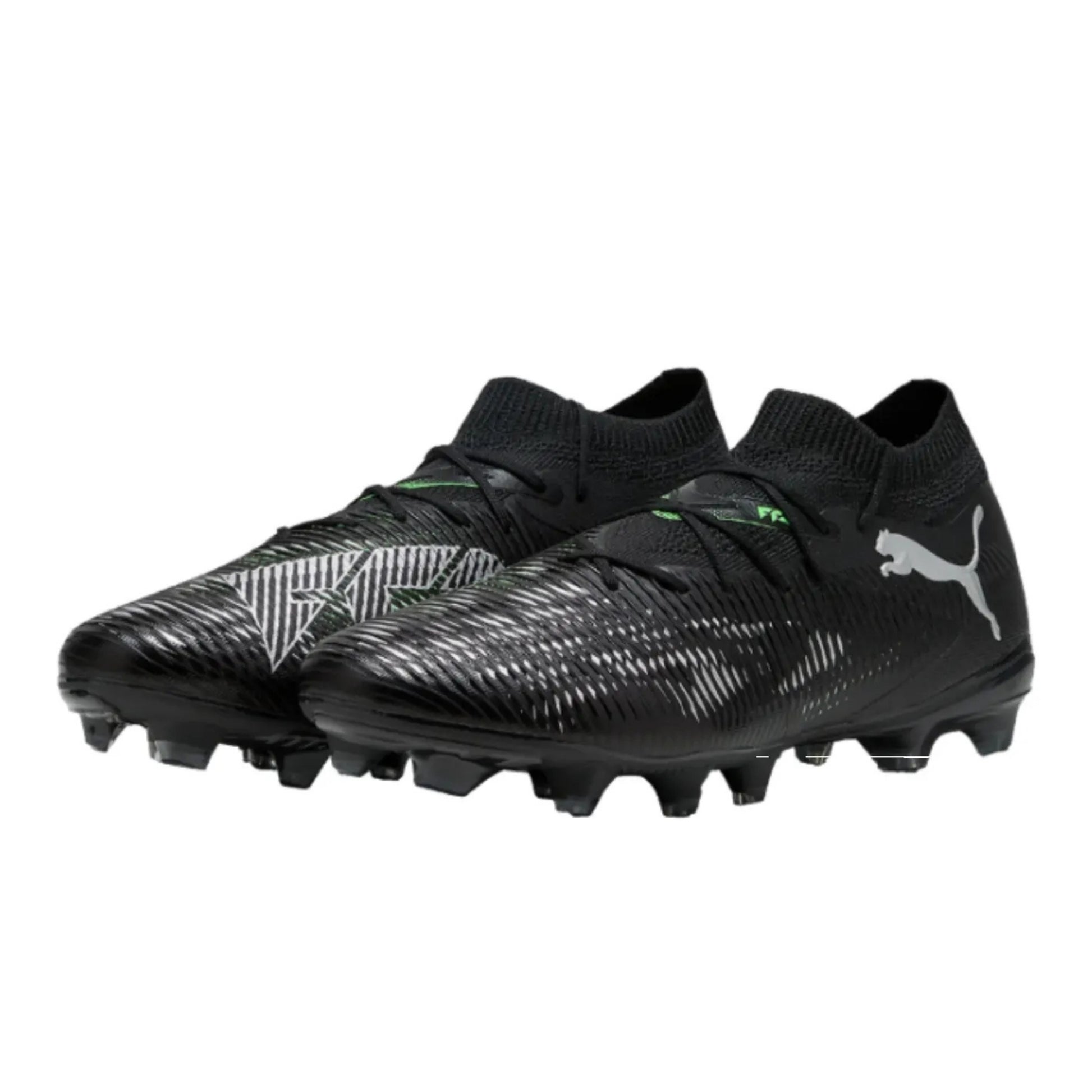 Black soccer Puma boots with Puma logo on a white background