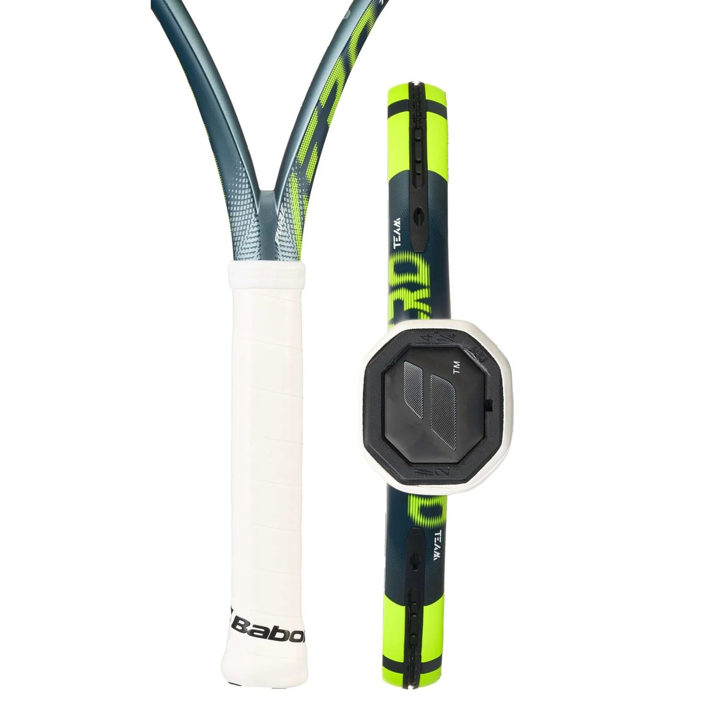 Tennis racket with white handle and gray and green frame on a white background