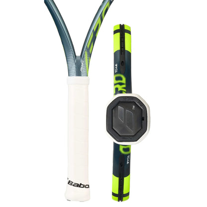 Tennis racket with white handle and gray and green frame on a white background