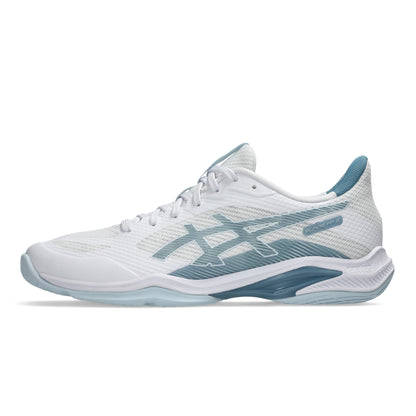 White and blue squash shoe on a white background