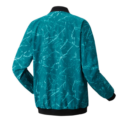 Teal jacket with white abstract pattern on a white background