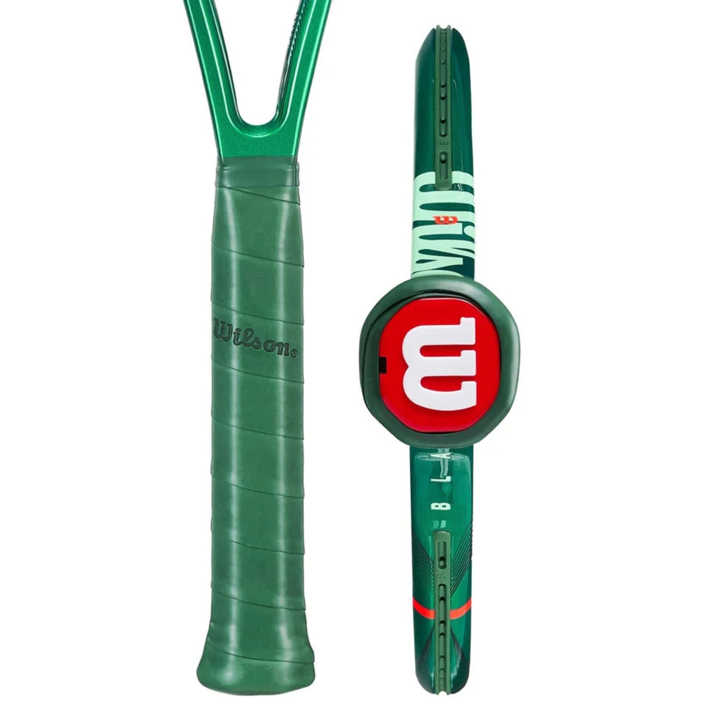 Green tennis racket with a red and white Wilson logo on a white background