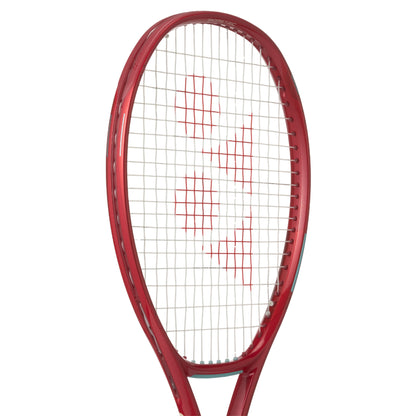 Red tennis racket on a white background