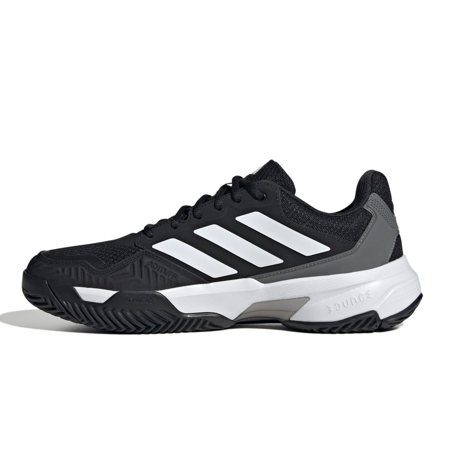 A black Adidas tennis shoe with white three-stripes and a white midsole, shown from a side profile on a white background.