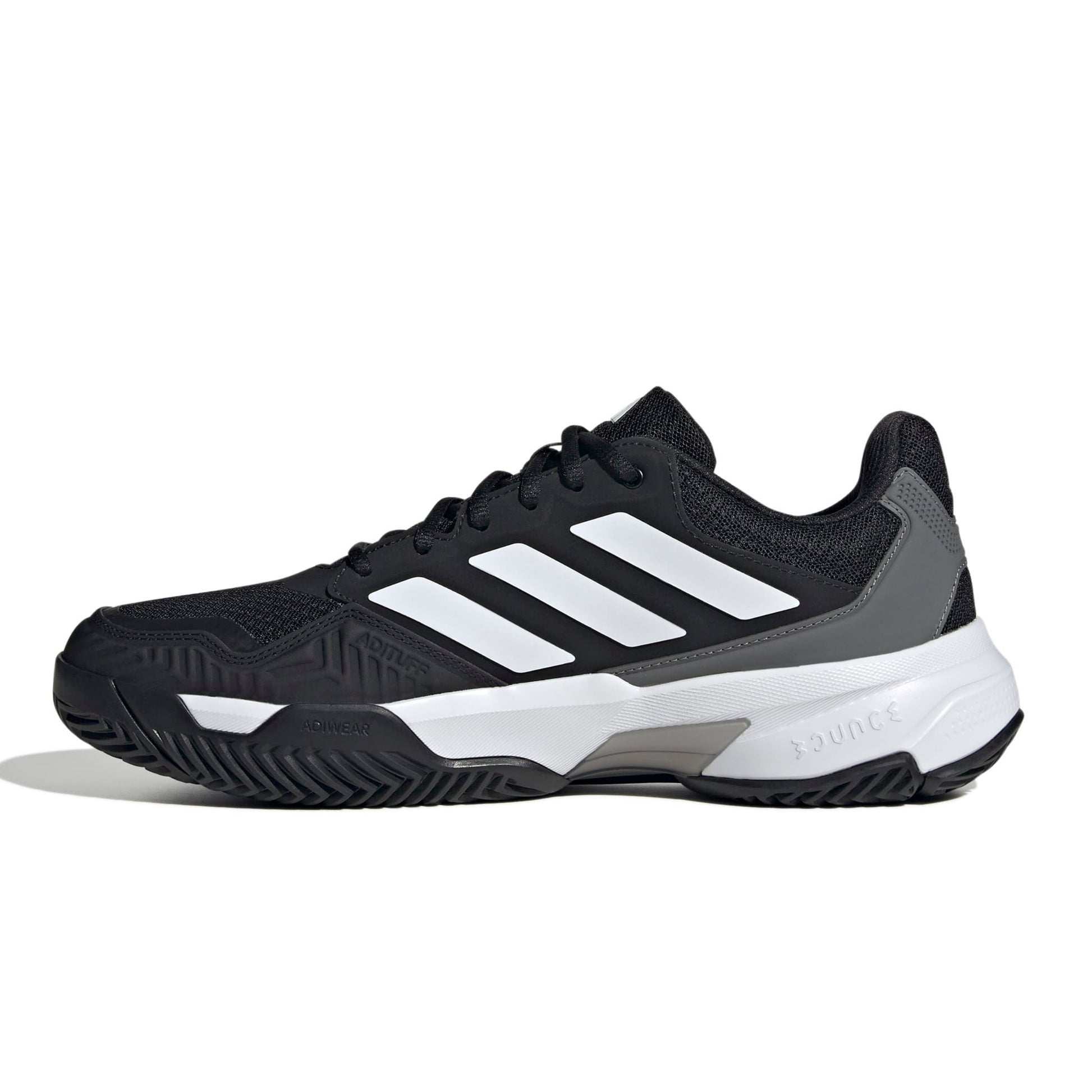 A black Adidas tennis shoe with white three-stripes and a white midsole, shown from a side profile on a white background.