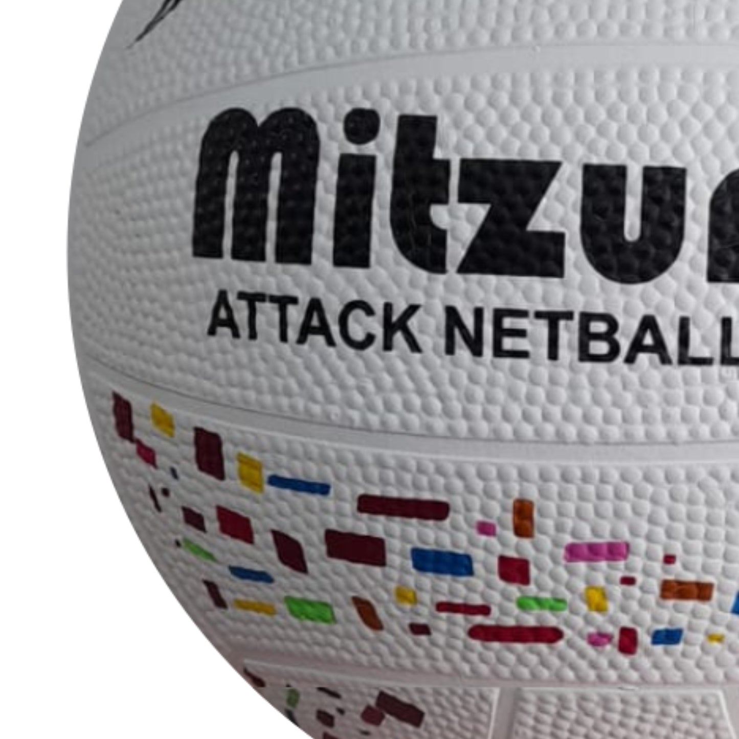 White netball with colorful patterns and 'Mitzuma' branding on a white background
