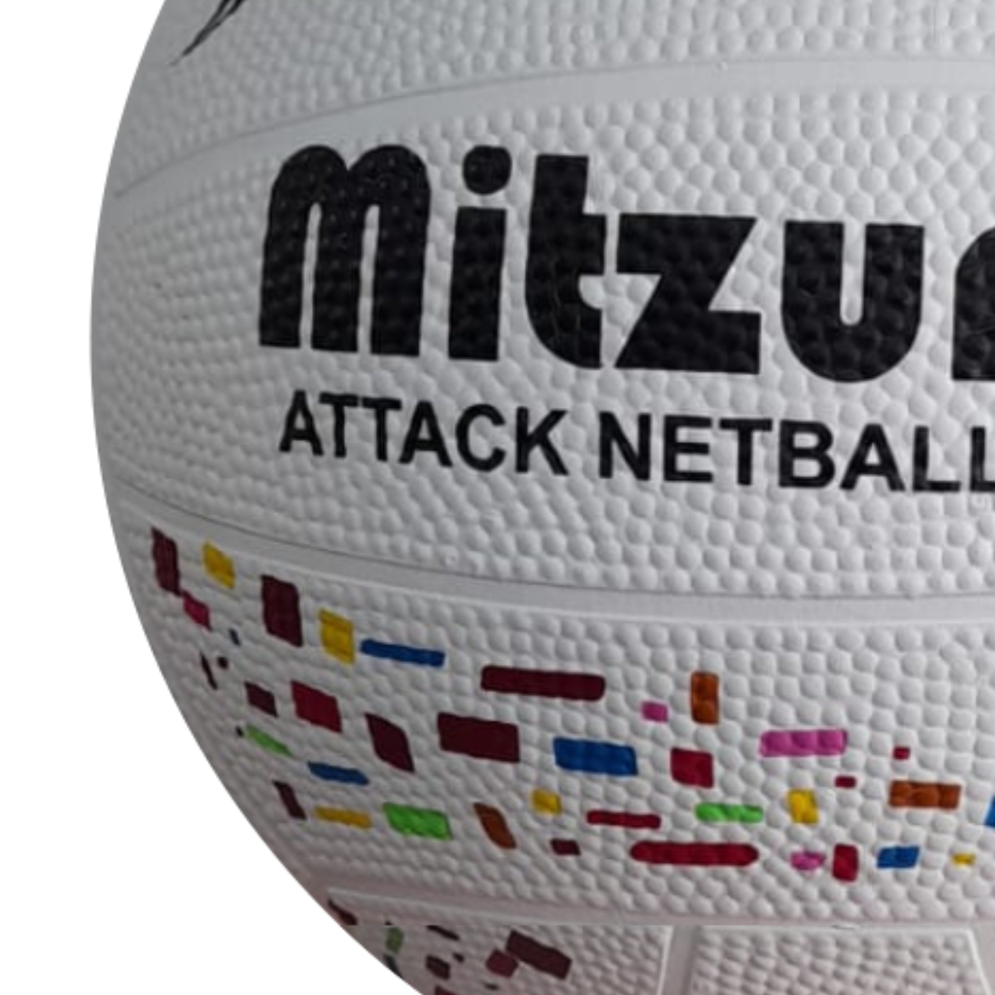 White netball with colorful patterns and 'Mitzuma' branding on a white background