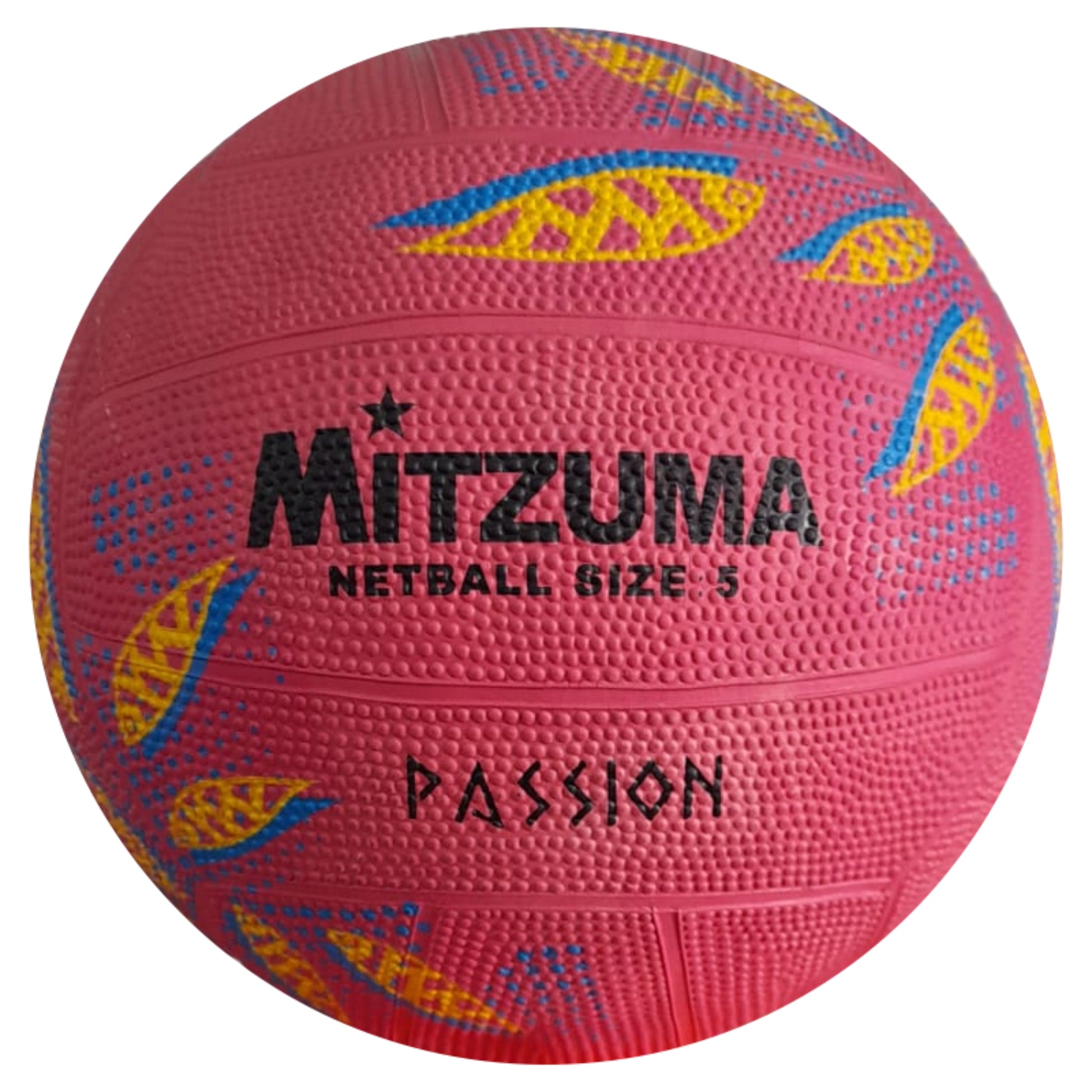 Pink netball with colorful patterns and 'Mitzuma' branding on a white background