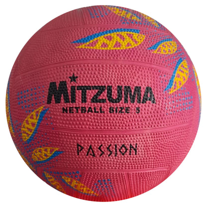 Pink netball with colorful patterns and 'Mitzuma' branding on a white background