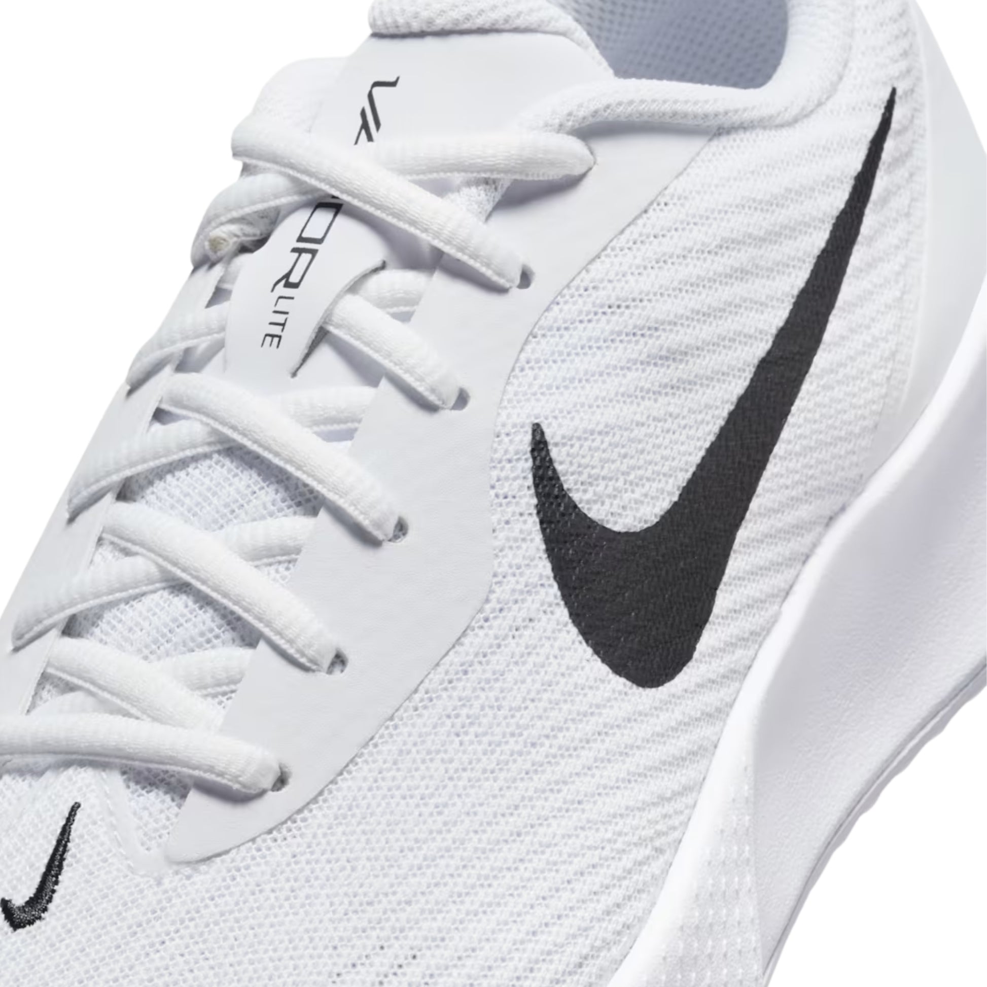 White tennis shoe with black Nike logo on a white background