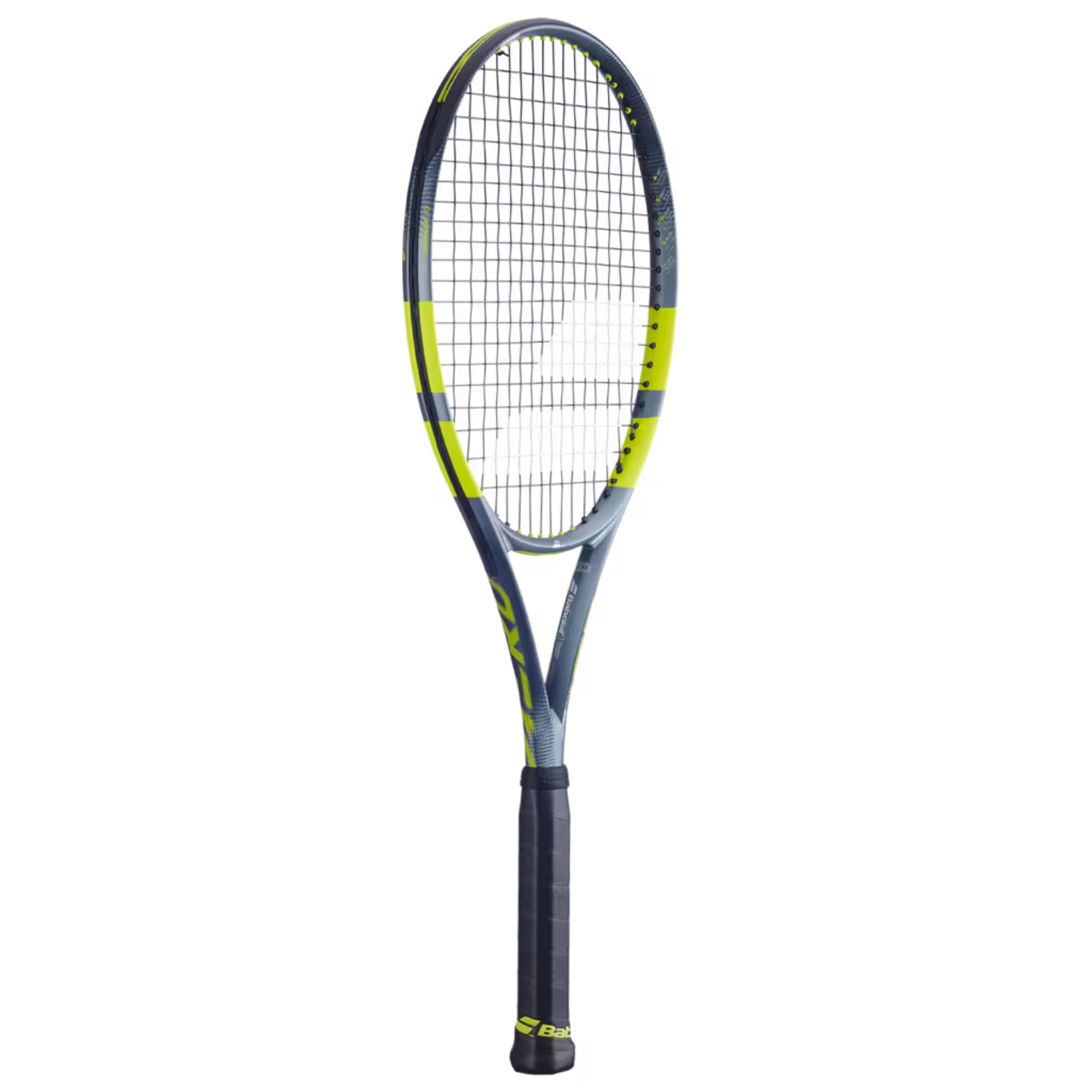 Tennis racket with black and yellow design on a white background