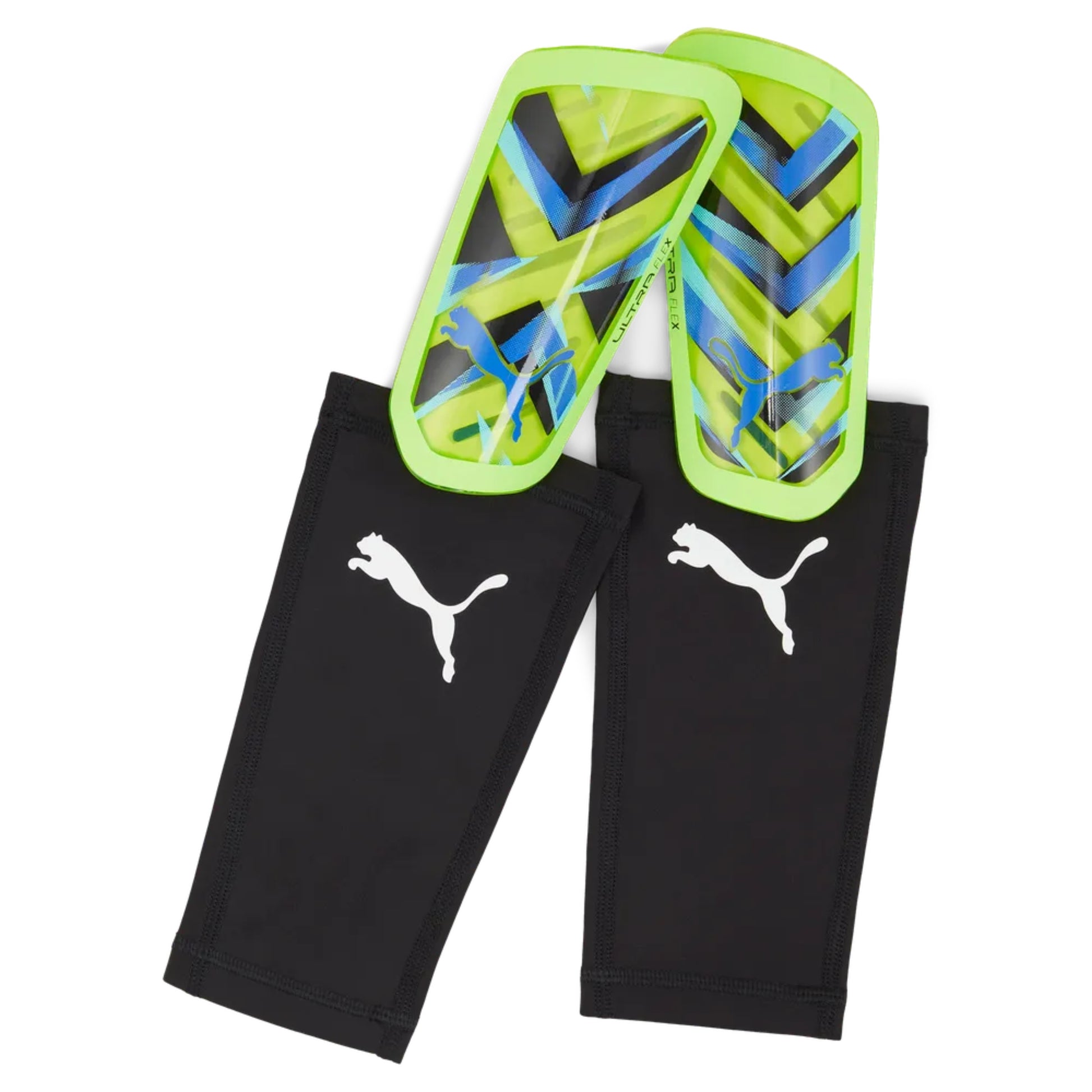 Black leggings with Puma logo and green and blue shin guards on a white background