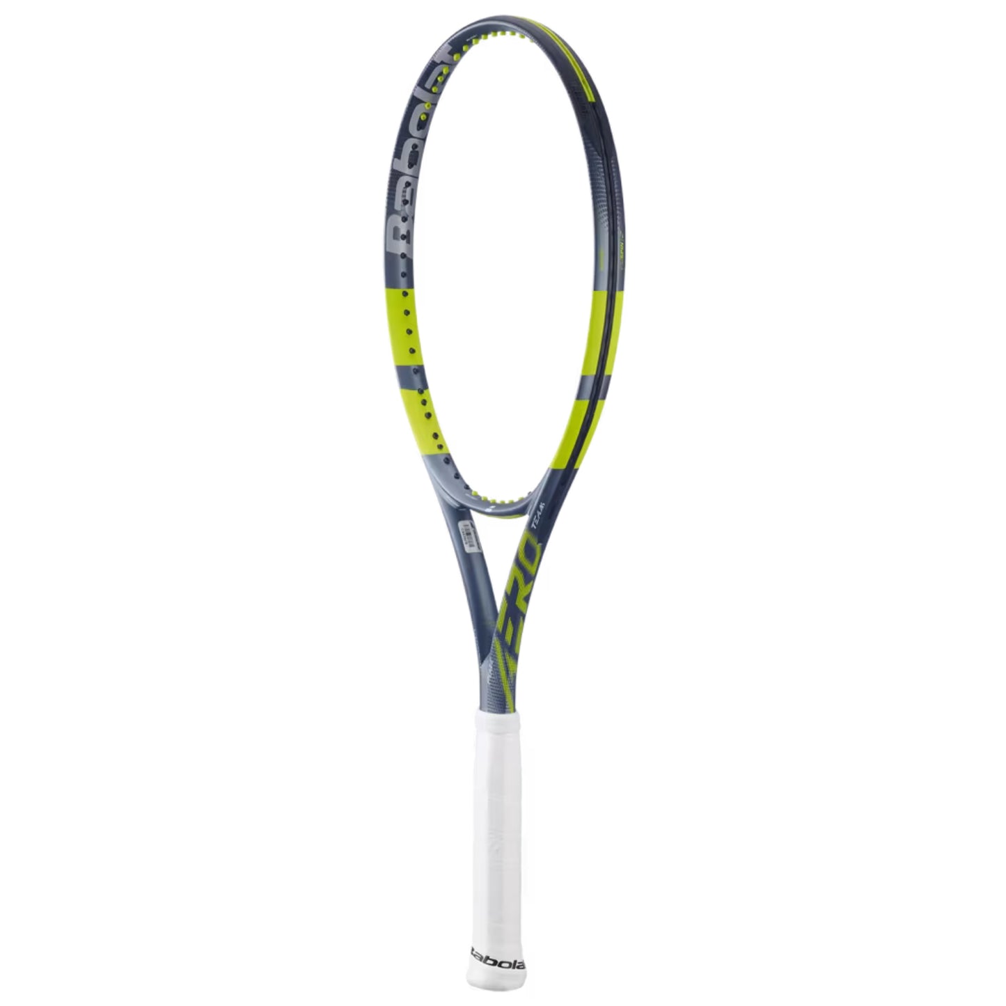 Gray tennis racket with a white handle on a white background