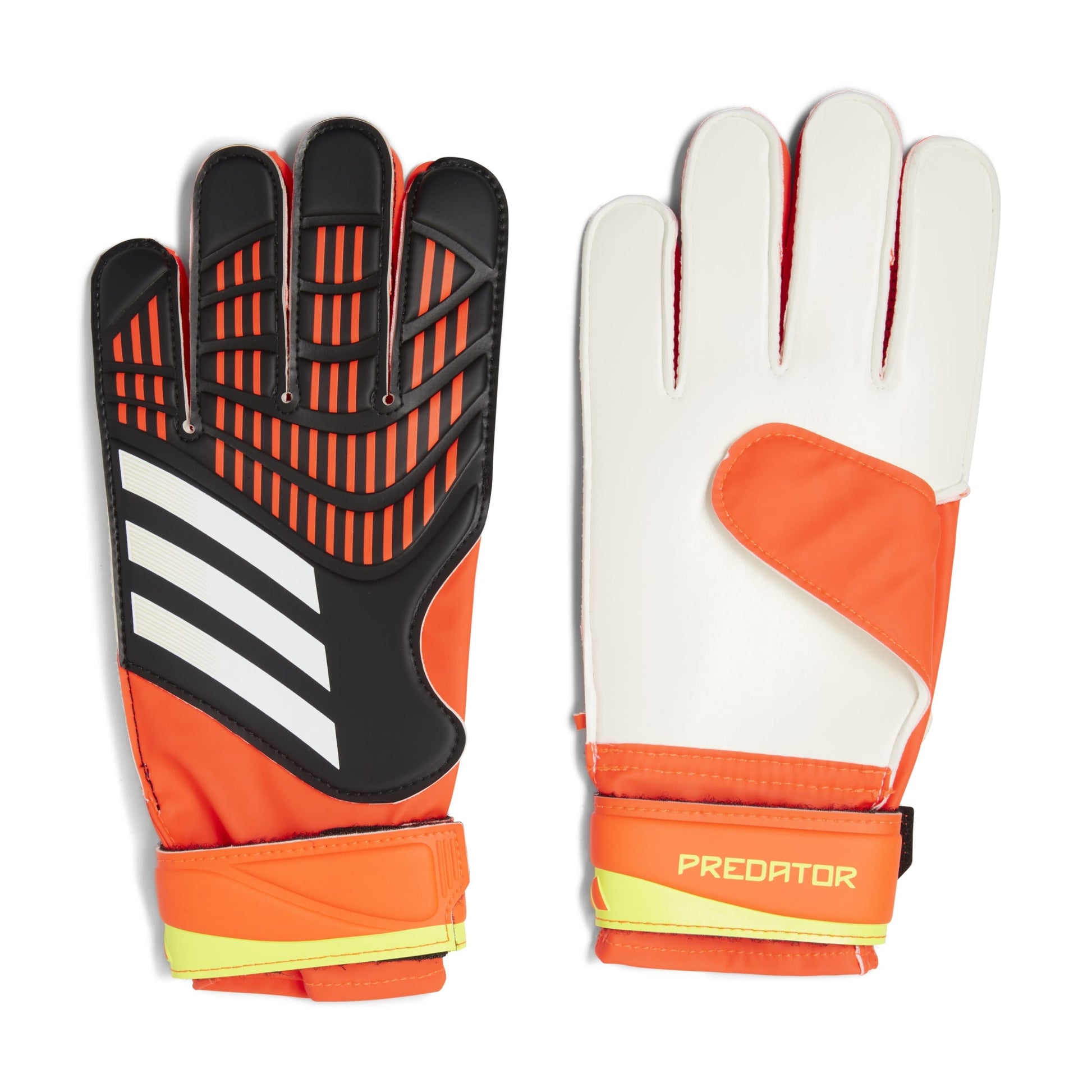 Orange and black soccer gloves with Adidas logo on a white background
