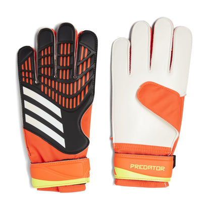Orange and black soccer gloves with Adidas logo on a white background