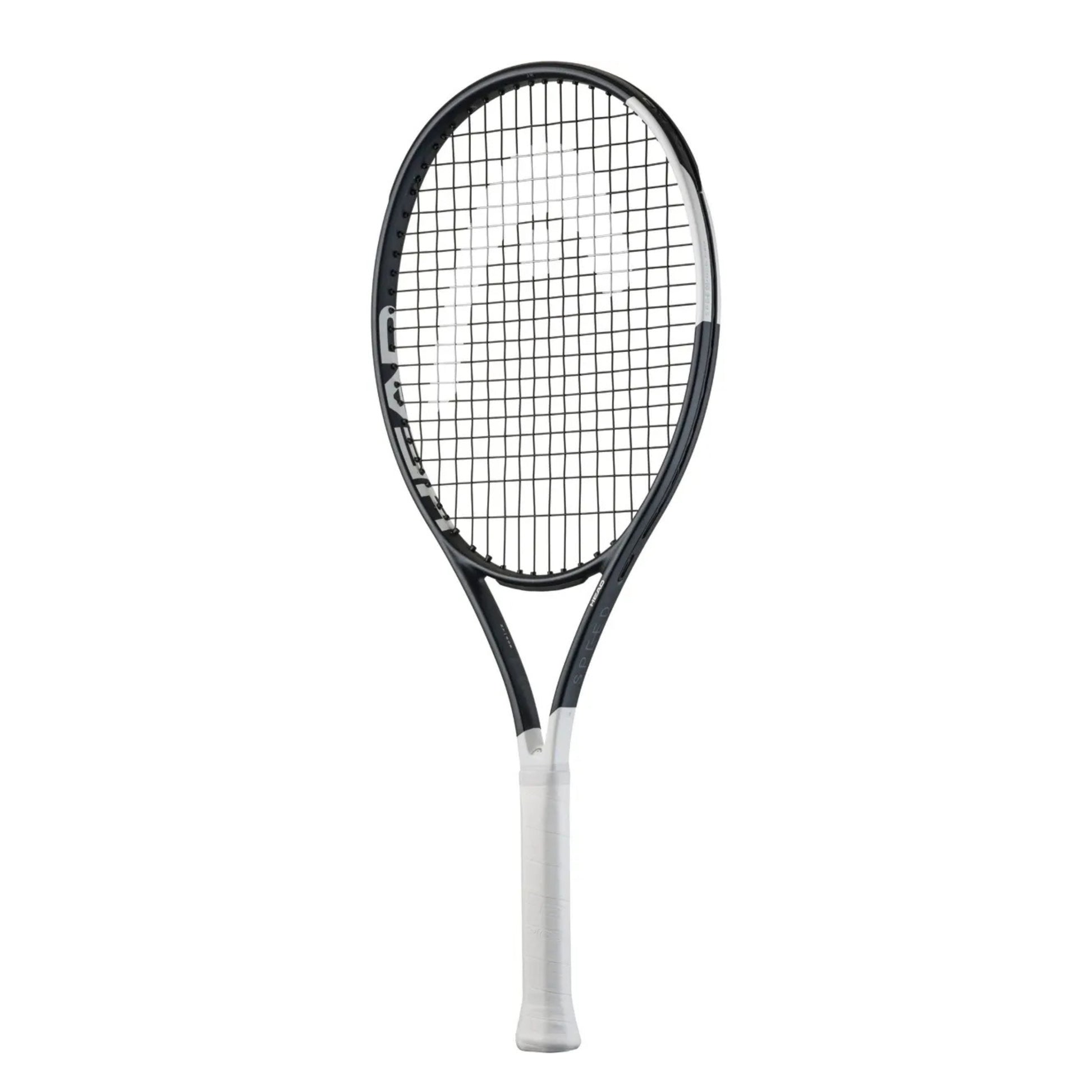 A Head tennis racket with a black frame and white grip, shown vertically against a plain white background.