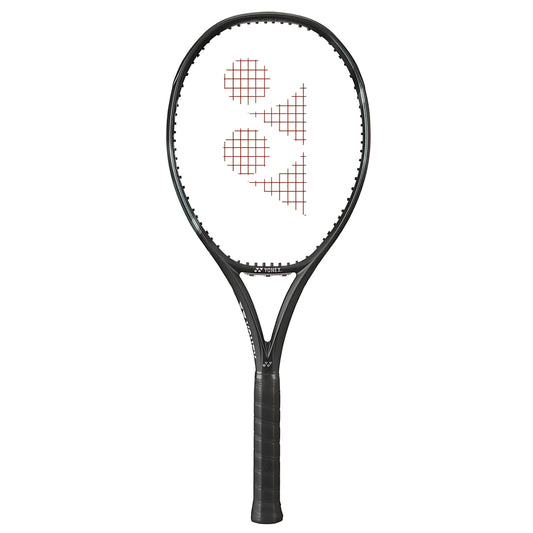 Black tennis racket with Yonex logo on a white background