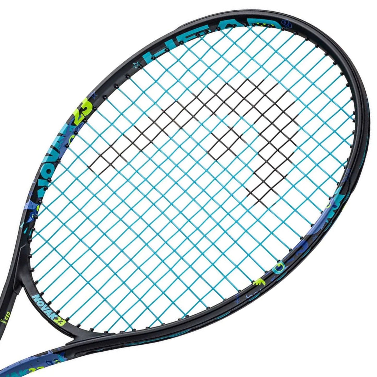 Head tennis racket with a close-up of the strings and wording Novak 23 on the frame on a white background