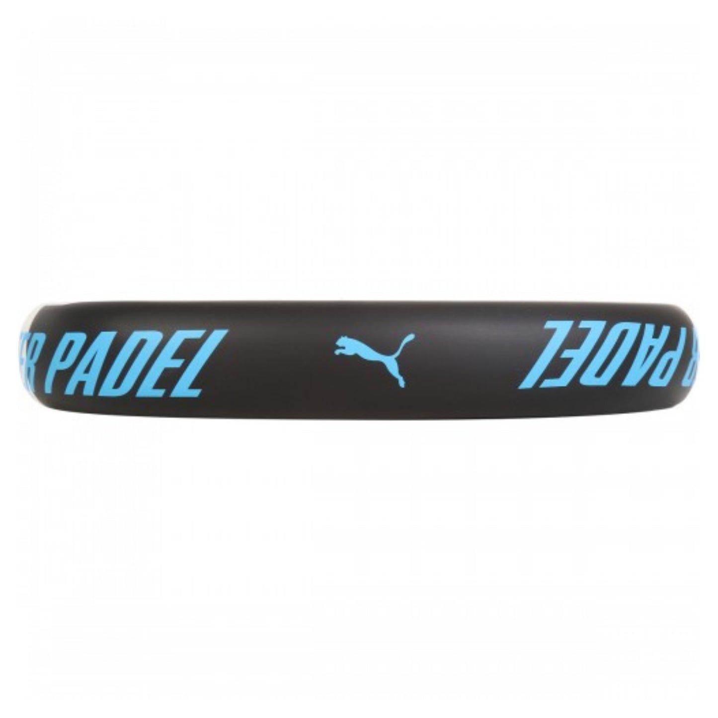 Black padel racket with blue text and Puma logo on a white background