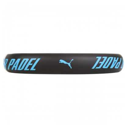 Black padel racket with blue text and Puma logo on a white background