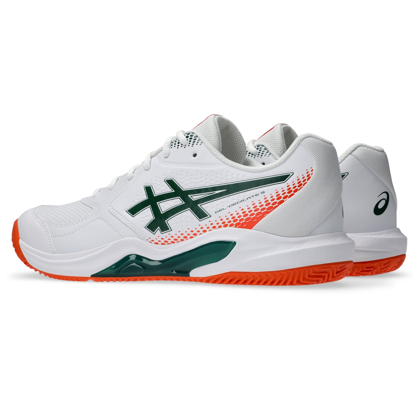 A pair of white Asics padel shoes with dark green and orange accents, shown from a three-quarters angle on a clean white background.