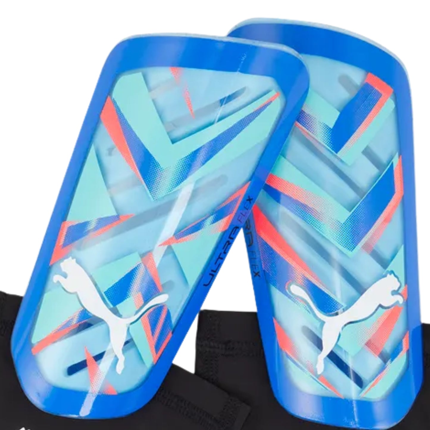 Blue and multicolor shin guards with Puma logo on a white background