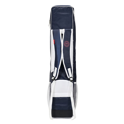 Navy Mercian blue stick bag with white accents on a white background