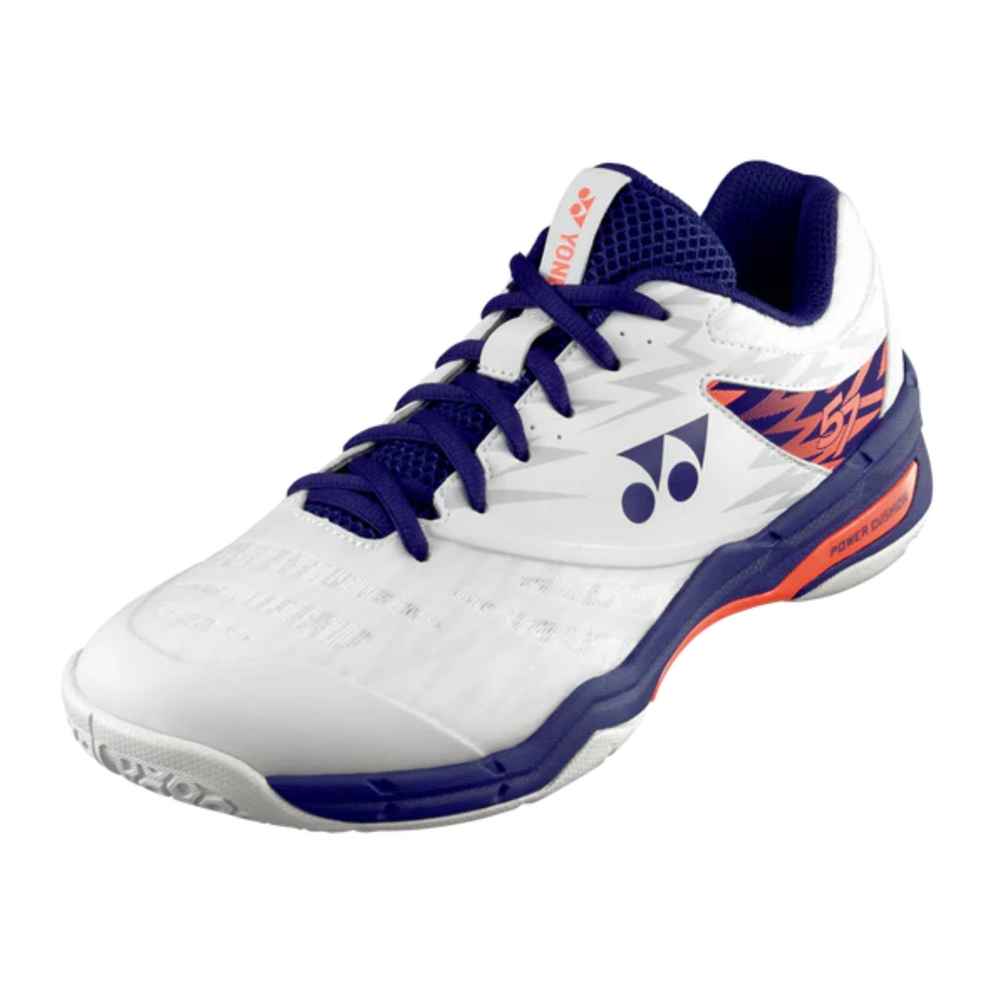 White Yonex squash with blue and orange accents on a white background