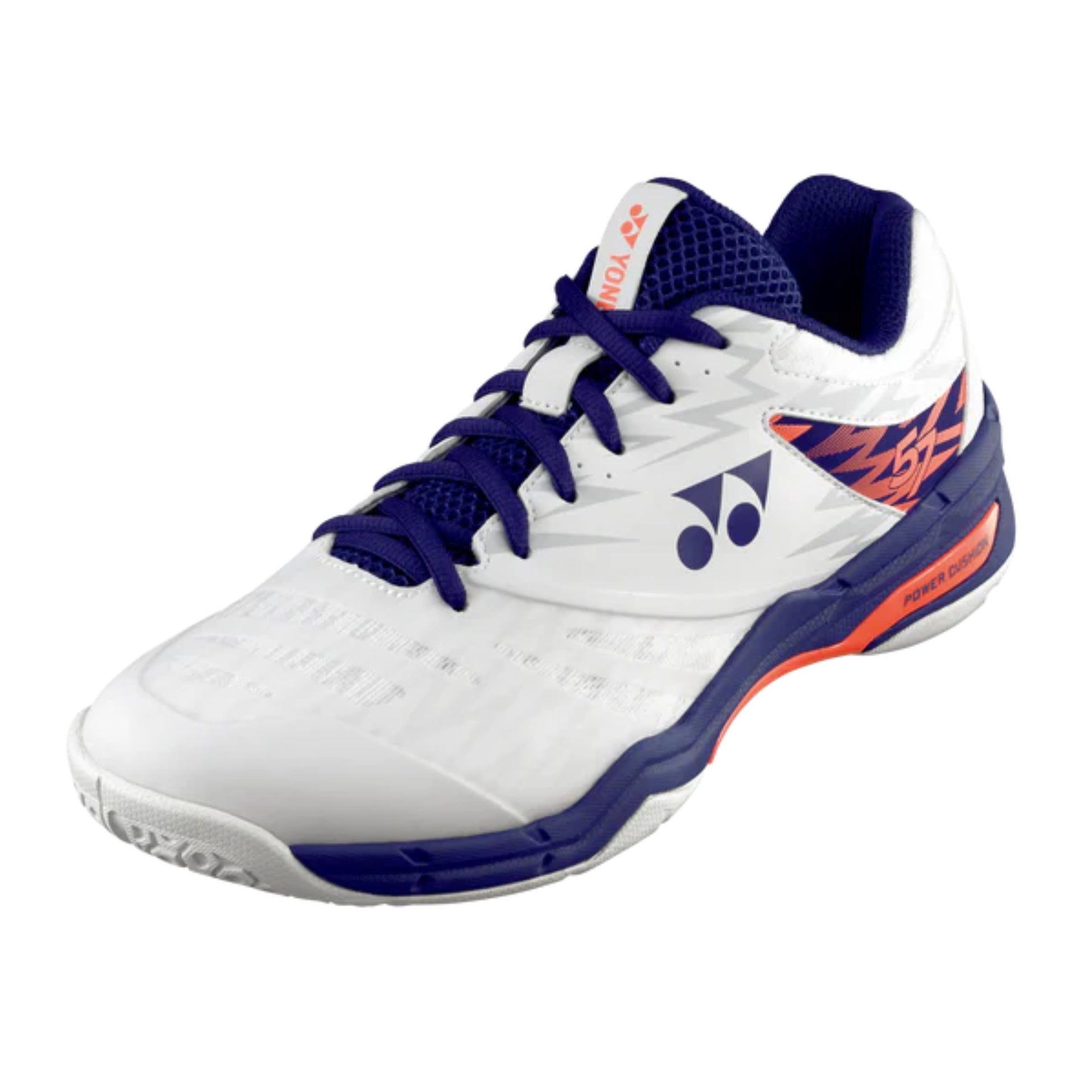 White Yonex squash with blue and orange accents on a white background