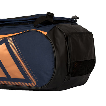 Navy and black padel bag with orange accents on a white background