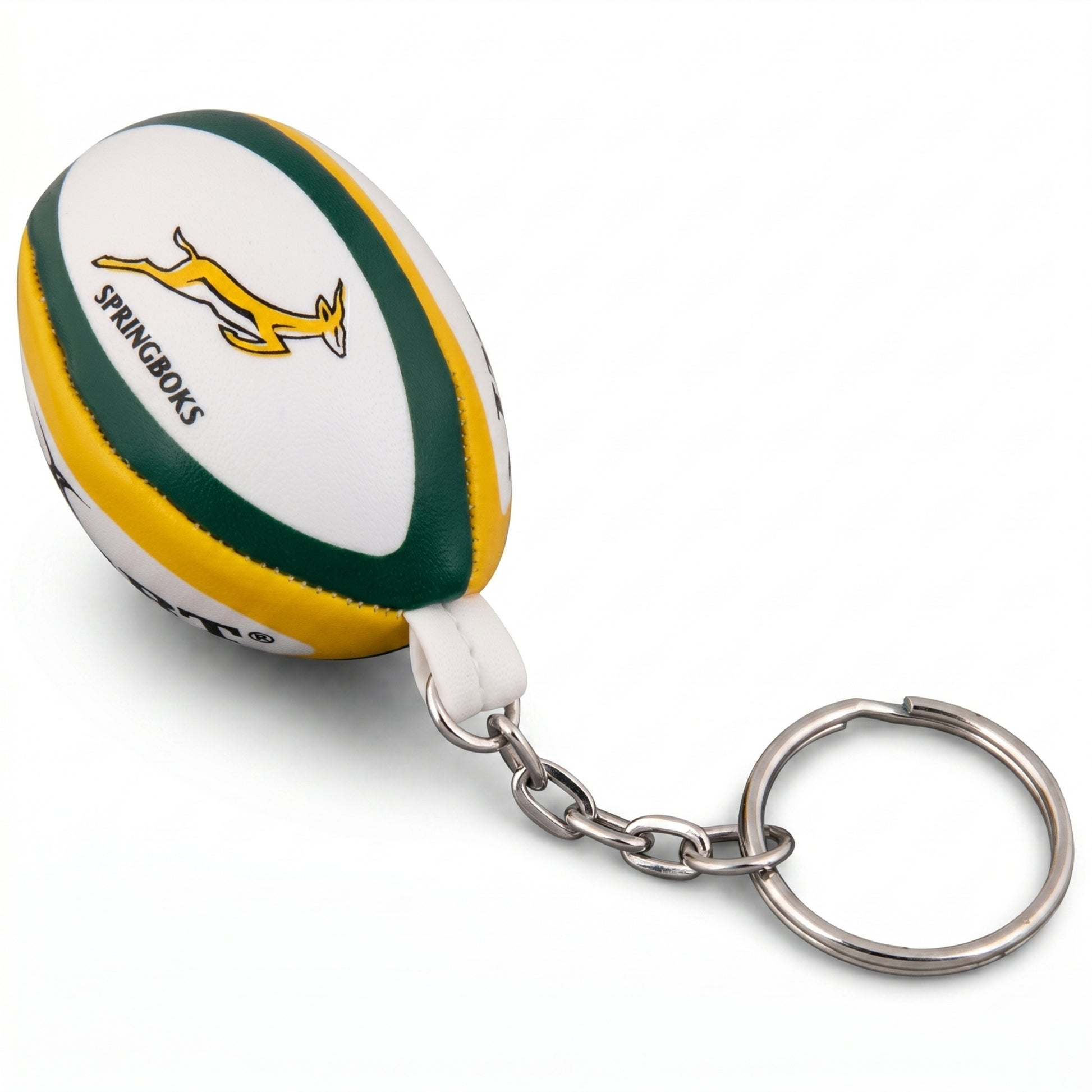 Keychain in the shape of a rugby ball with Springboks logo on a white background