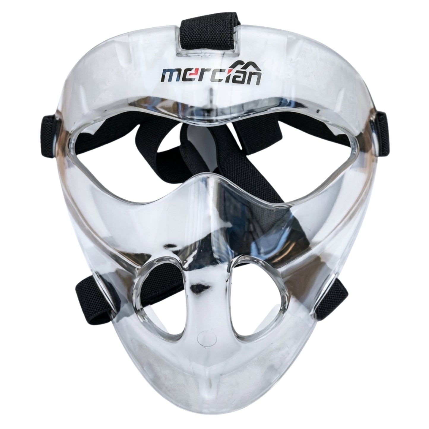 Clear athletic mask with black straps on a white background, featuring the Mercian logo.