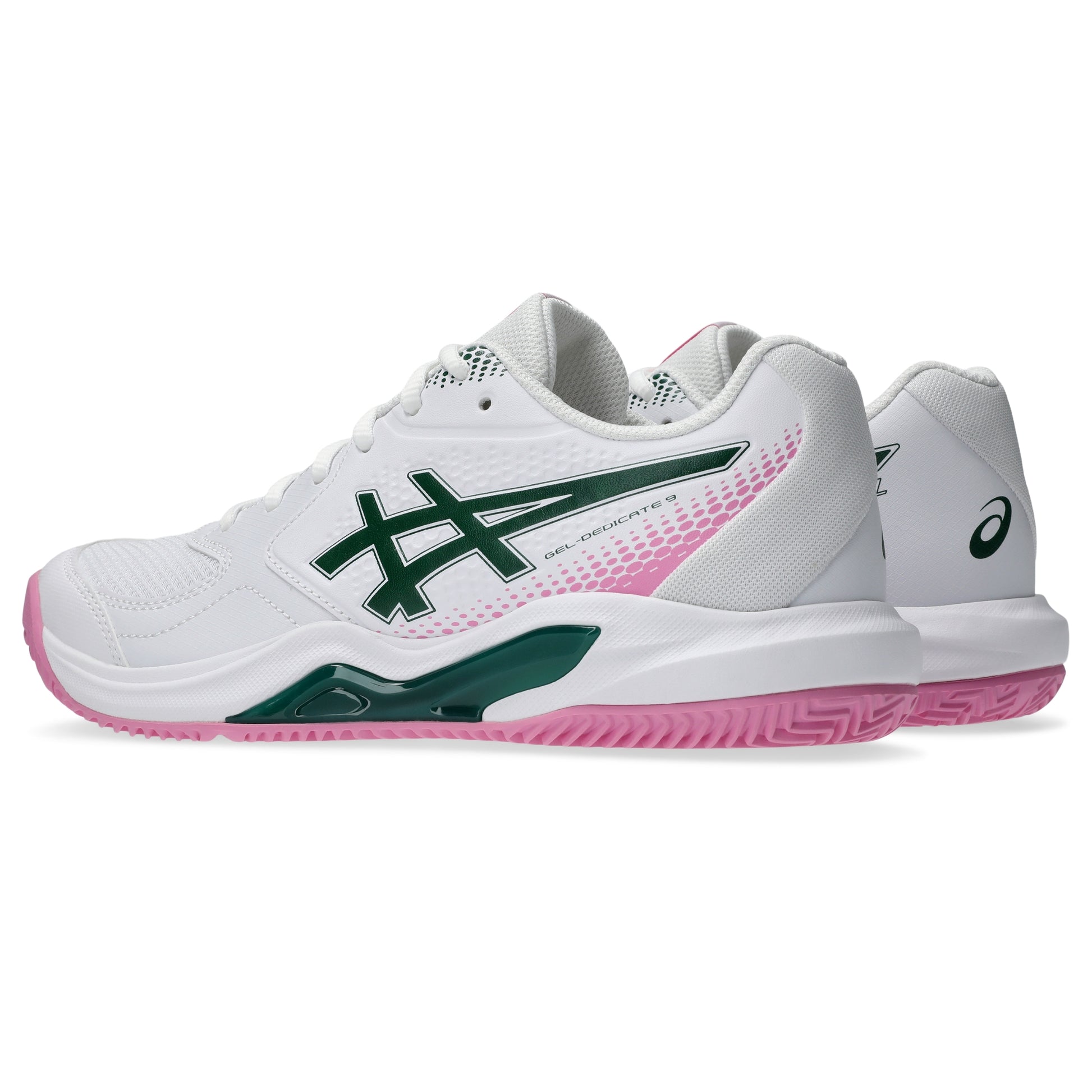 A pair of Asics padel shoes in white, featuring dark green and pink accents on the logo, midsole, and outsole, shown against a plain white background.