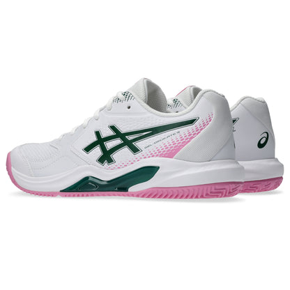 A pair of Asics padel shoes in white, featuring dark green and pink accents on the logo, midsole, and outsole, shown against a plain white background.