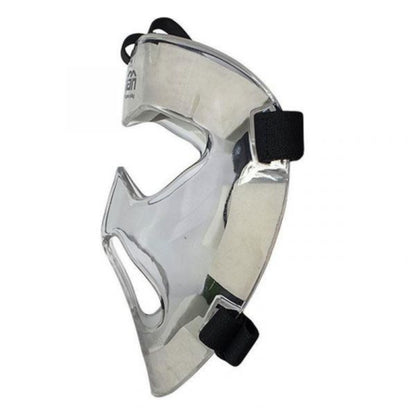 Clear face shield with black straps on a white background