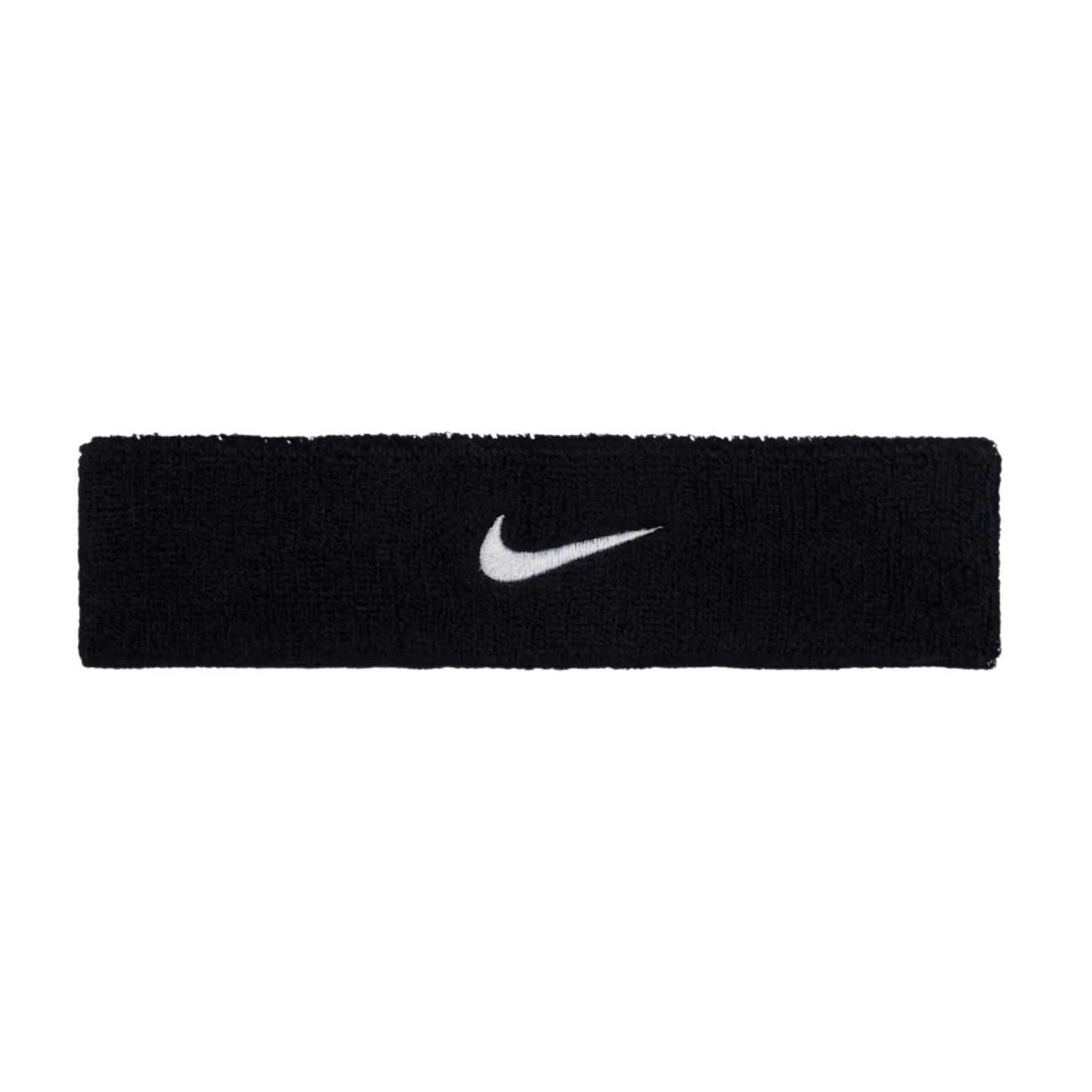 Black Nike headband with white logo on a white background