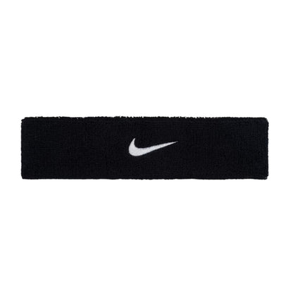 Black Nike headband with white logo on a white background