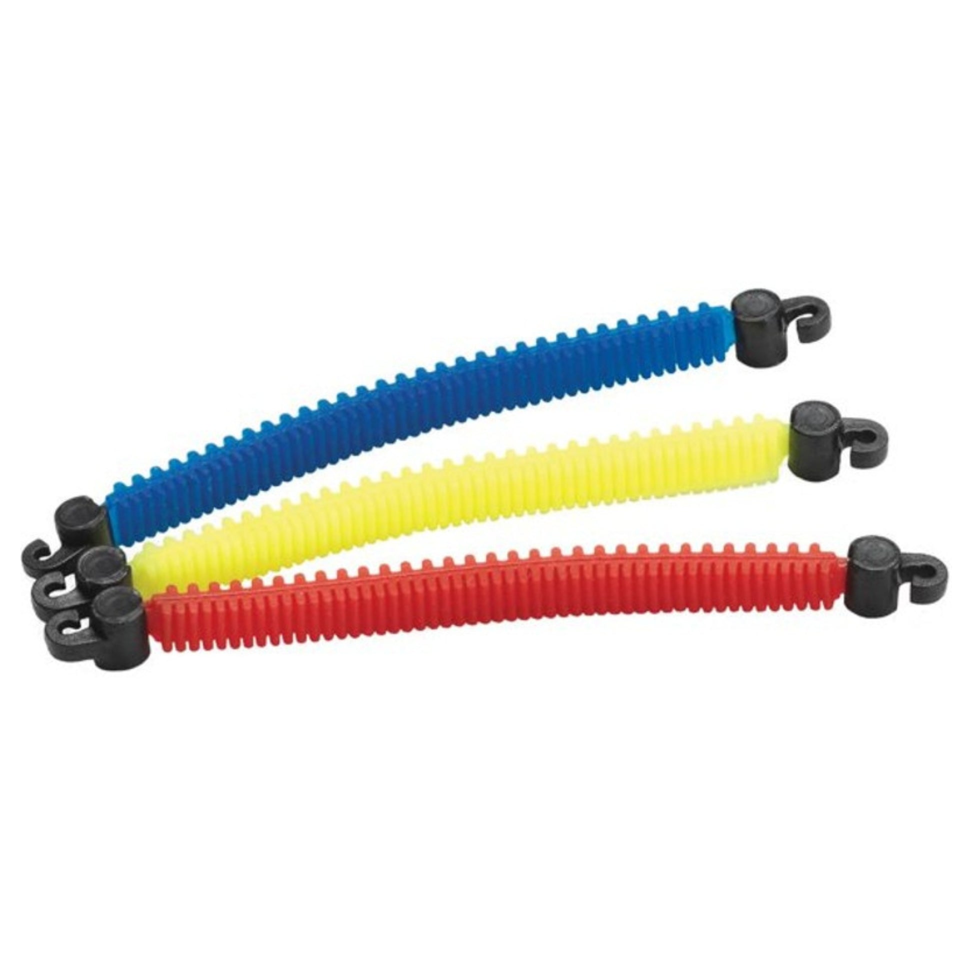 Three Tourna dampeners in red, yellow, and blue on a white background