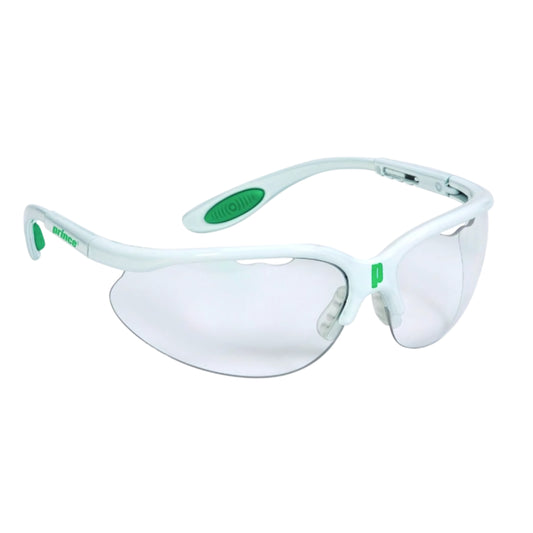 White safety glasses with green accents on a white background